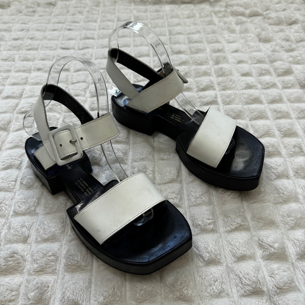 Robert Clergerie 7 White Leather Black Platform Chunky Sandals 90s Y2K Retro